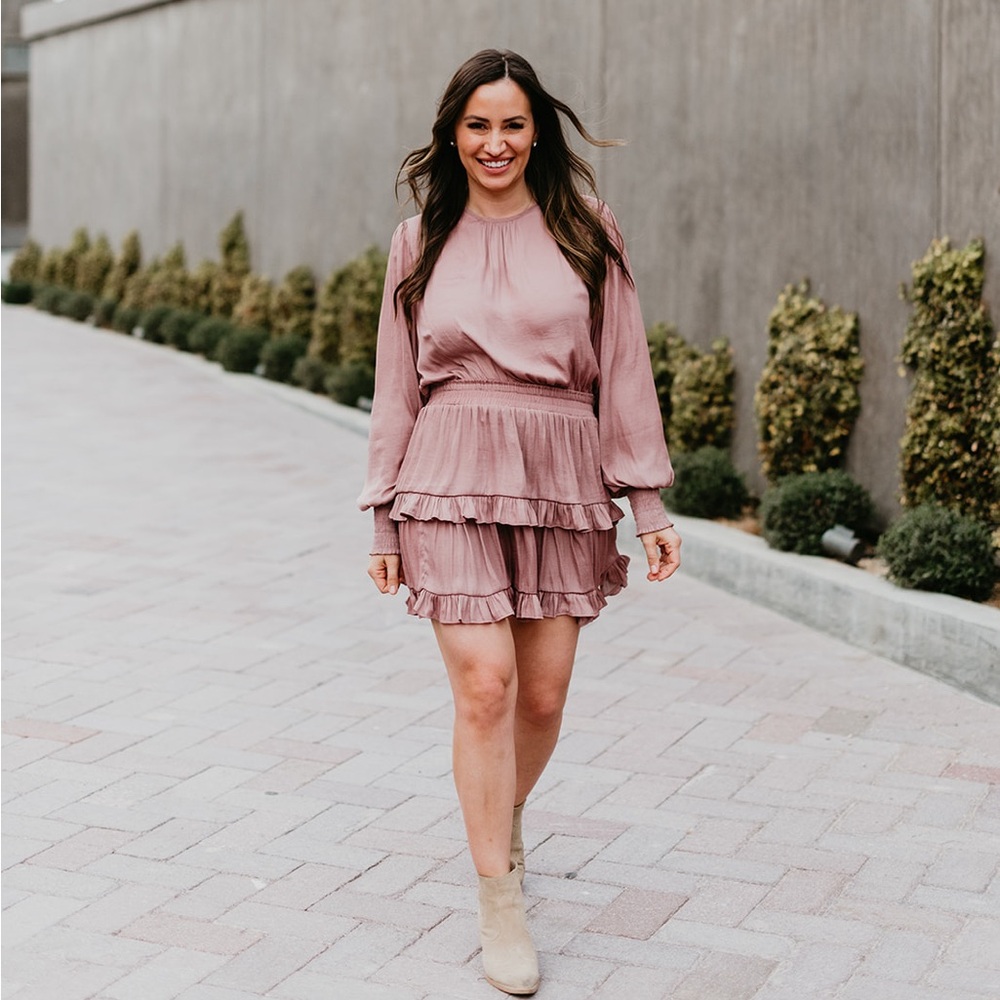 Do + Be long sleeve layered mini dress in blush/ mauve